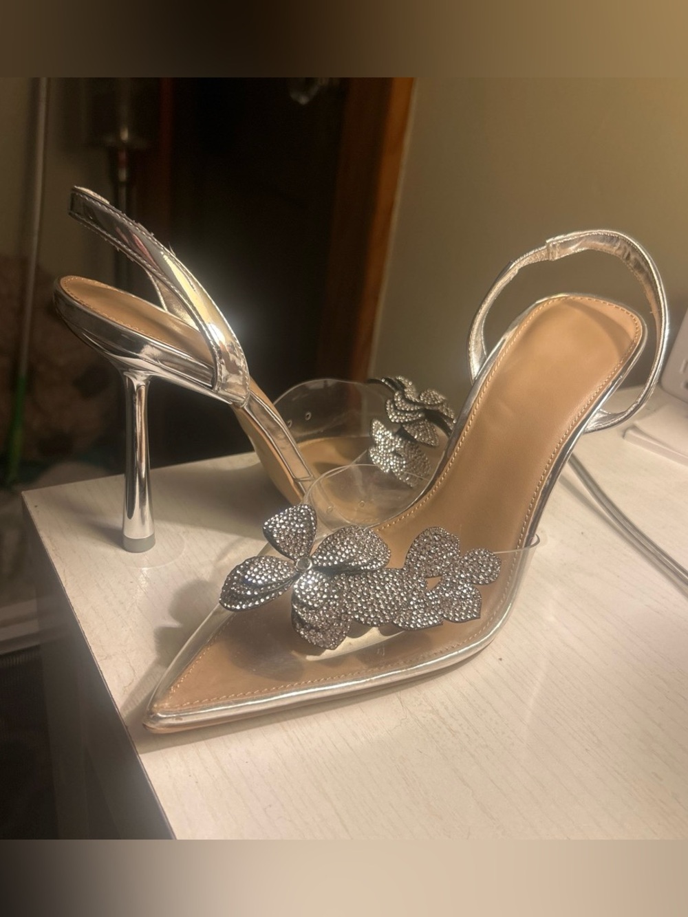 Women's Silver Rhinestone Slingback Princess Heels